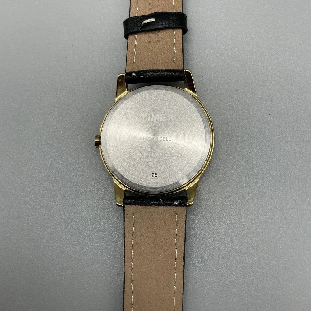 Timex Indiglo Mens Watch 35mm White Dial Gold Tone Leather Date New Battery